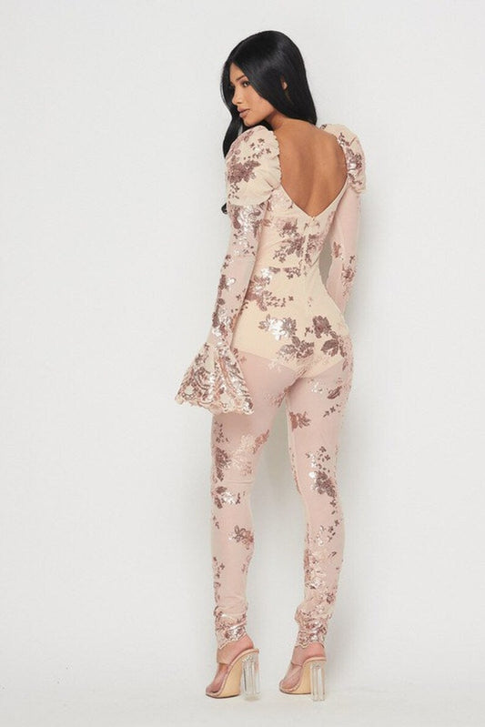 Long Sleeve Sequins Jumpsuit with Puff Shoulder - TRESLUSH