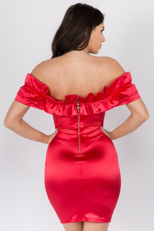 OFF SHOULDER SATIN DRESS - Red - TRESLUSH