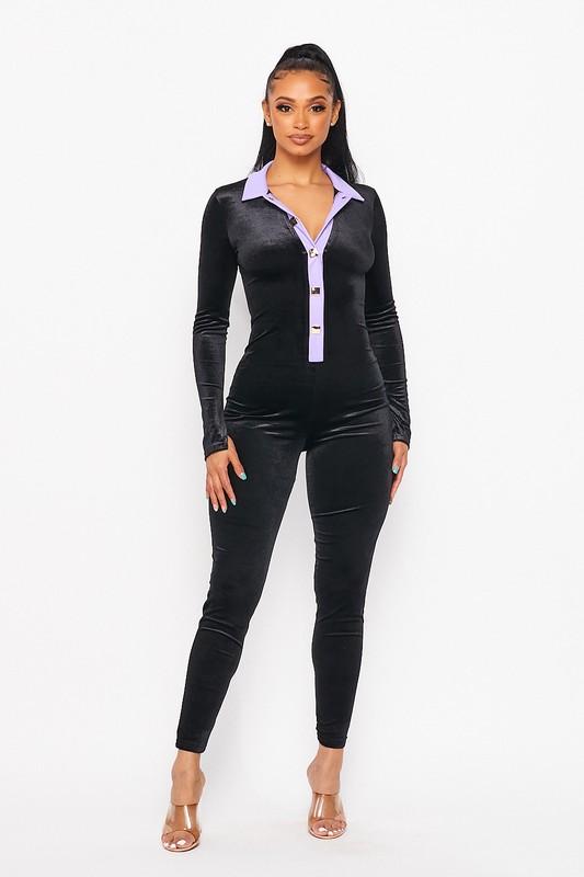 Velvet Color Block Jumpsuit- Purple - TRESLUSH