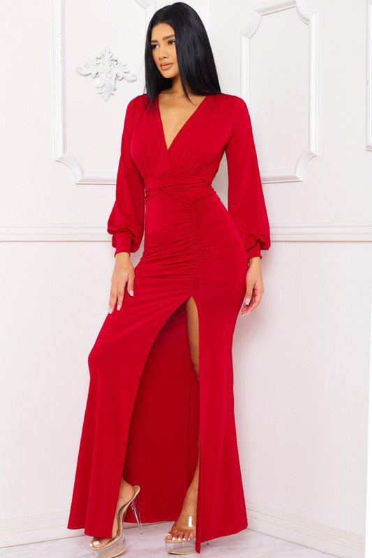 BISHOP SLEEVE SURPLICE MAXI DRESS - TRESLUSH