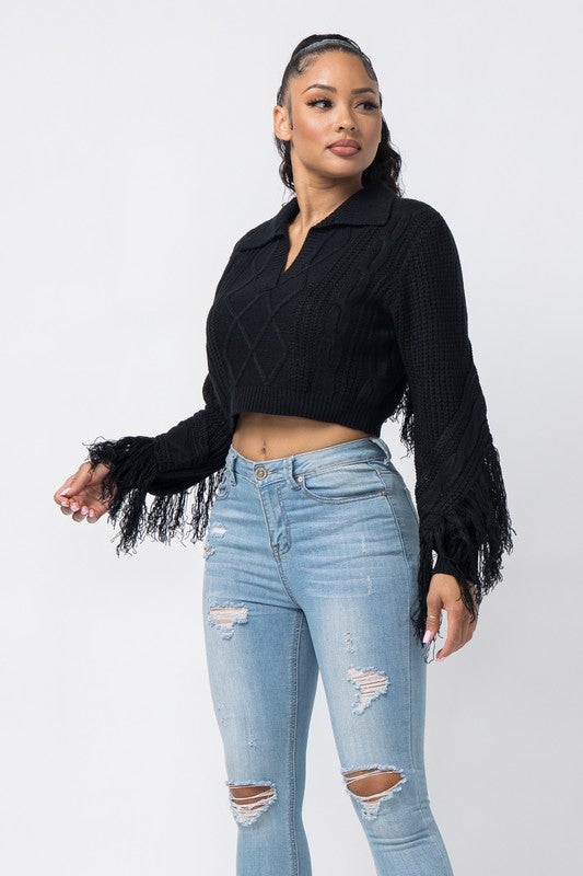 COLLAR SWEATER WITH FRINGE - TRESLUSH