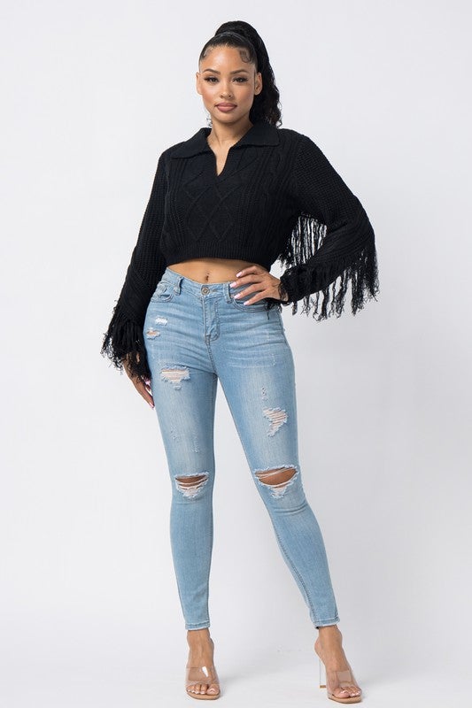 COLLAR SWEATER WITH FRINGE - TRESLUSH