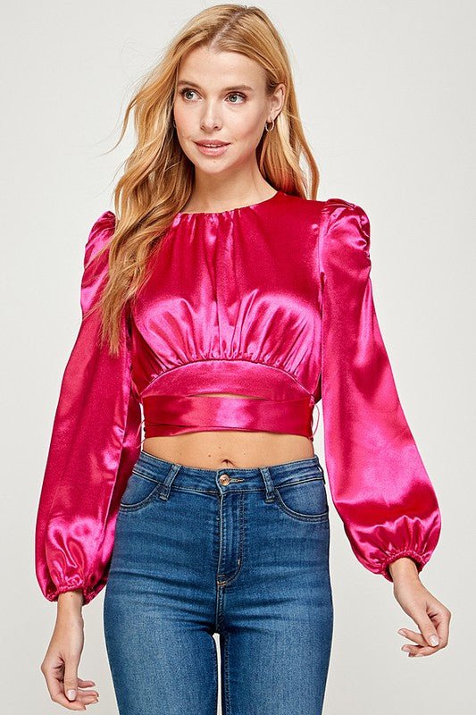 Crossover Waist Tie Detail Top - Pink - TRESLUSH