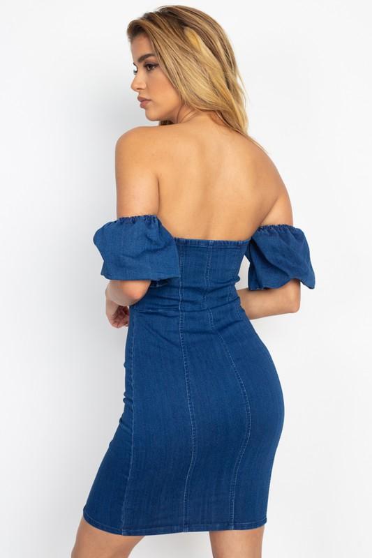 Denim Dress with Sweetheart Neck - TRESLUSH