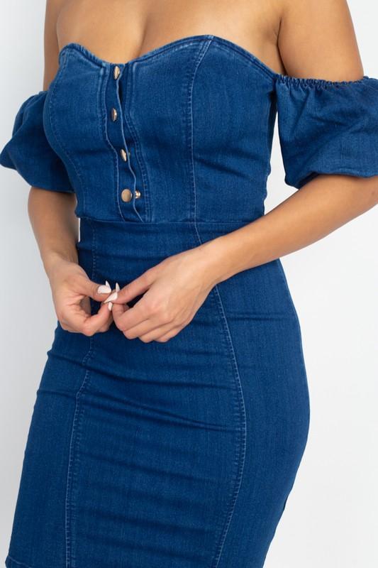 Denim Dress with Sweetheart Neck - TRESLUSH