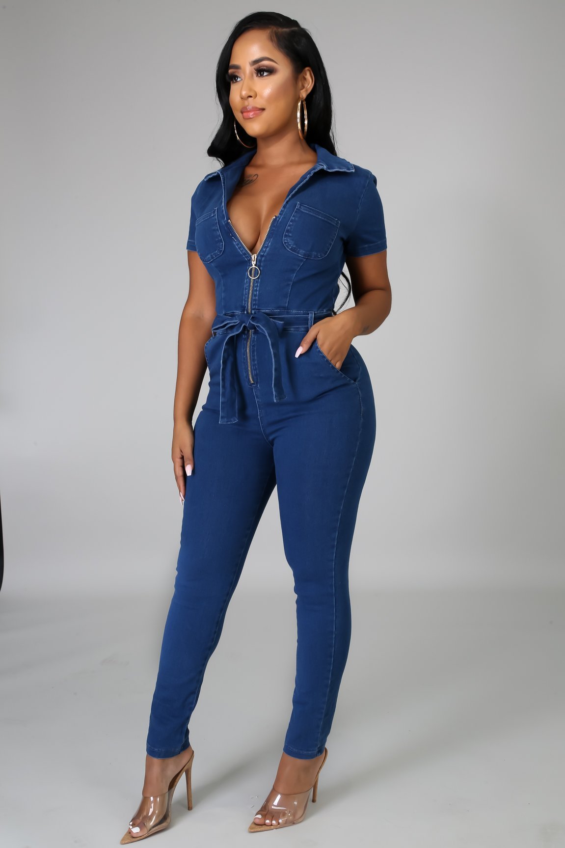 Denim Jumpsuit With Collar - TRESLUSH