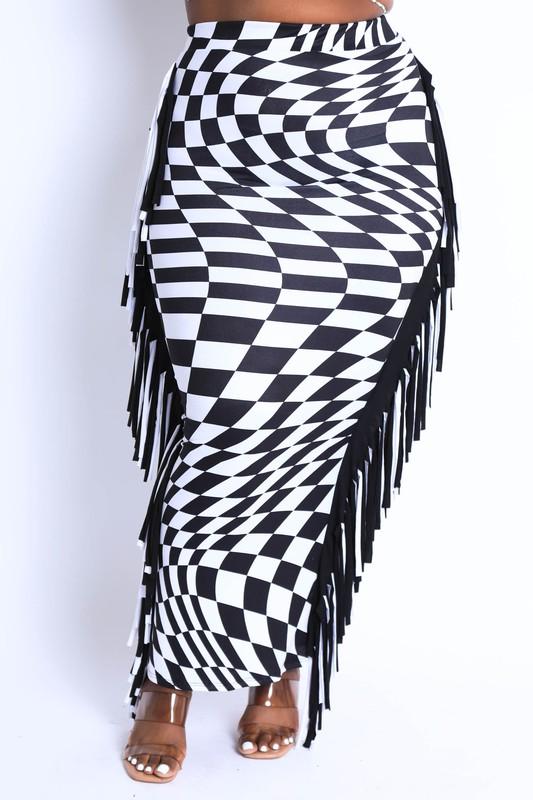 FIERY FRINGE SKIRT- BLACK/WHITE - TRESLUSH