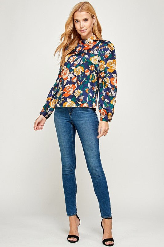 Floral Long Sleeve Top - Navy - TRESLUSH