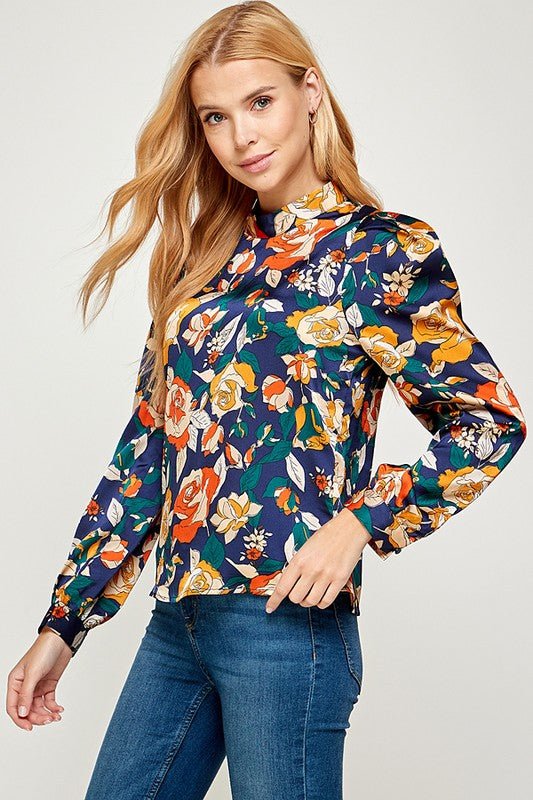 Floral Long Sleeve Top - Navy - TRESLUSH