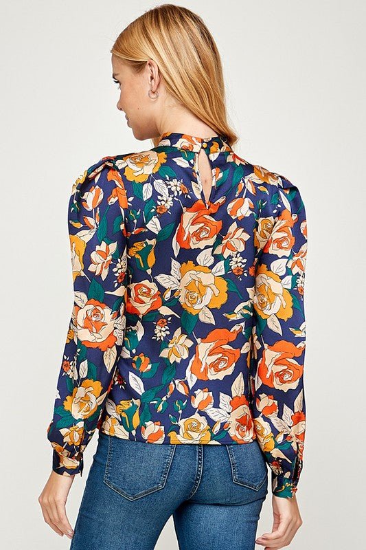 Floral Long Sleeve Top - Navy - TRESLUSH