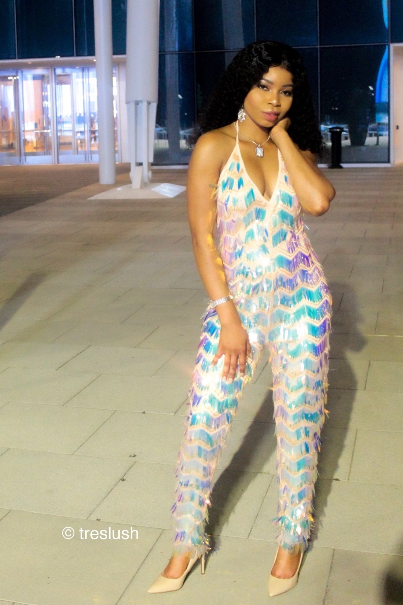 GLARE HOLOGRAPHIC SEQUIN JUMPSUIT - TRESLUSH