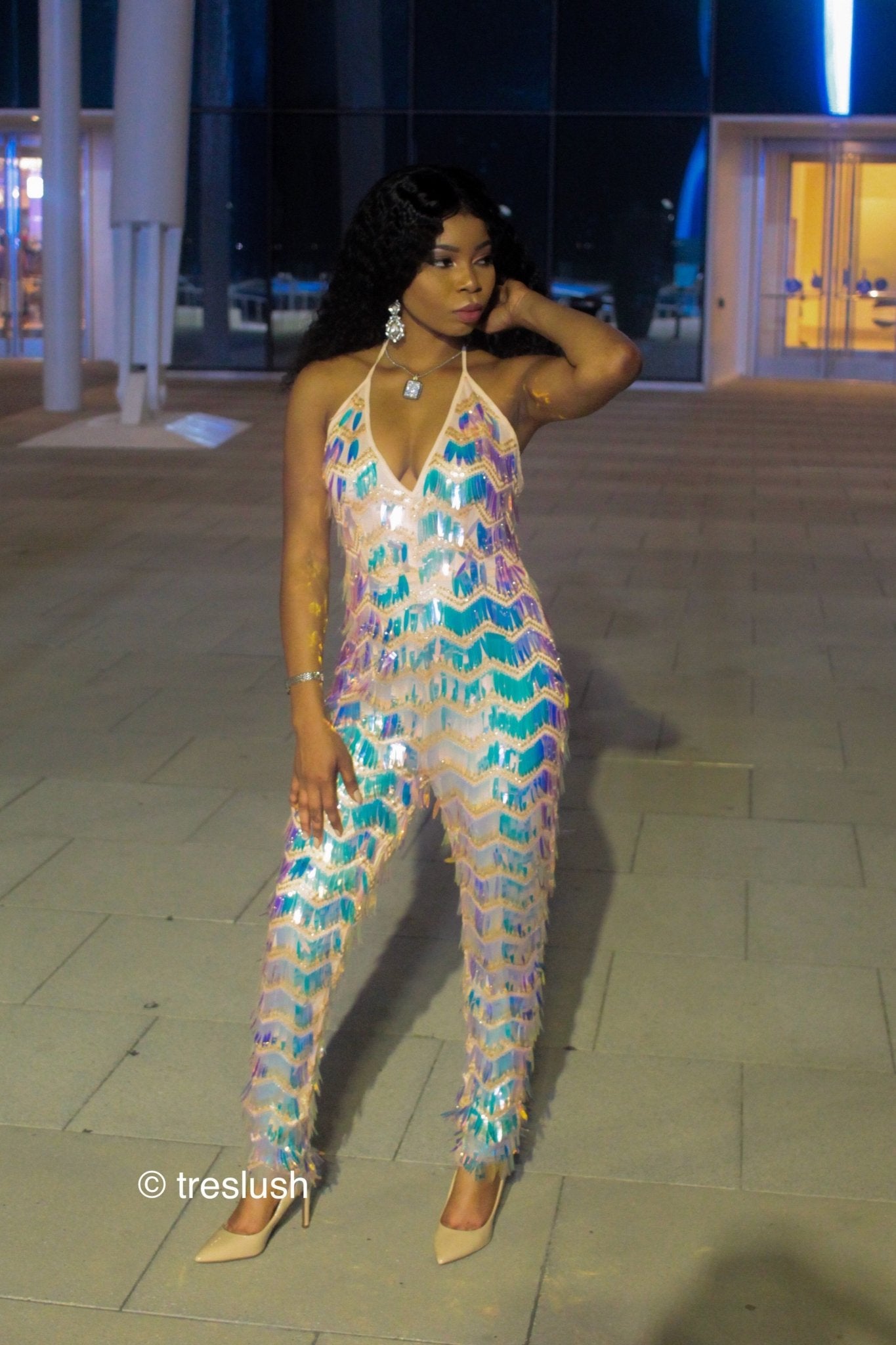 GLARE HOLOGRAPHIC SEQUIN JUMPSUIT - TRESLUSH