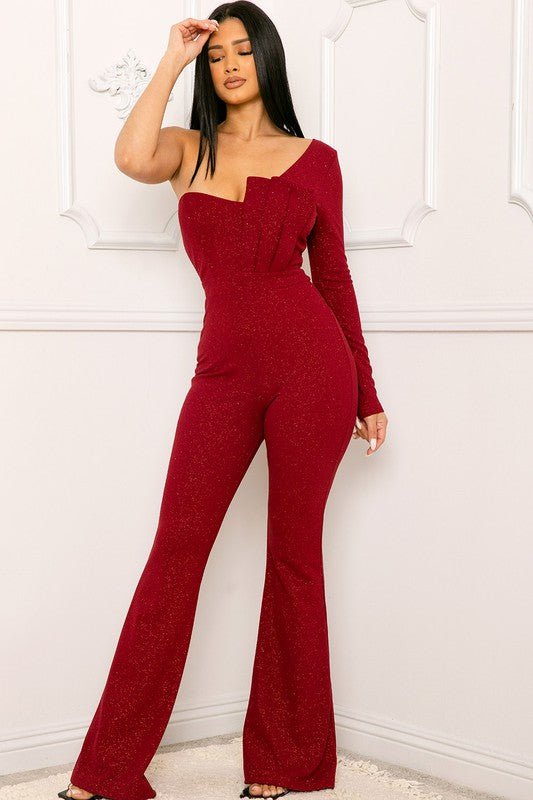 GLITTER PLEATED FRONT ONE SHOULDER JUMPSUIT - TRESLUSH