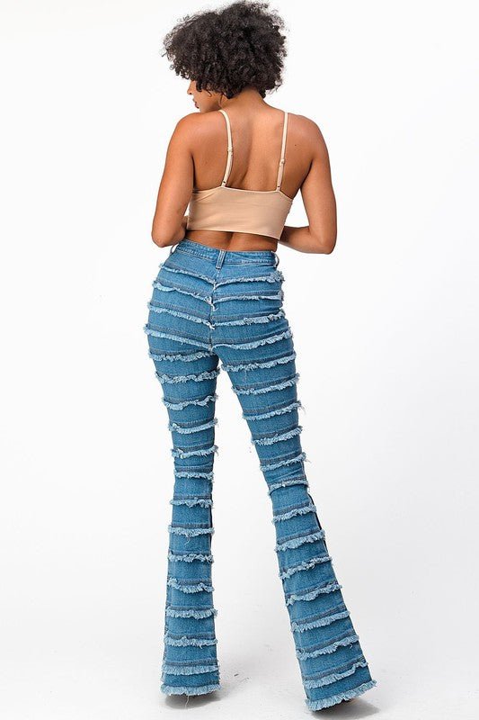 High Rise Shredded Flare Jeans-MEDIUM BLUE - TRESLUSH