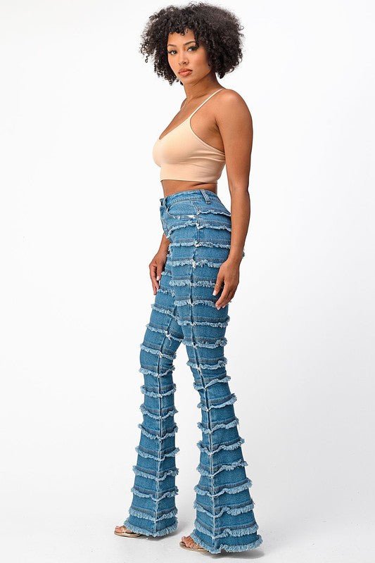 High Rise Shredded Flare Jeans-MEDIUM BLUE - TRESLUSH