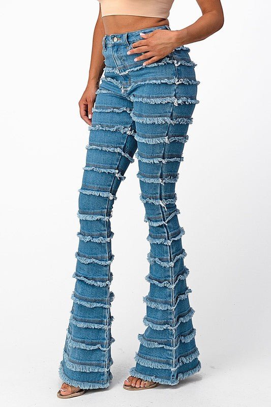 High Rise Shredded Flare Jeans-MEDIUM BLUE - TRESLUSH