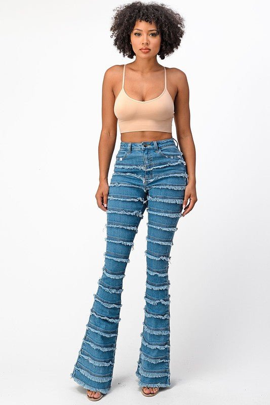 High Rise Shredded Flare Jeans-MEDIUM BLUE - TRESLUSH