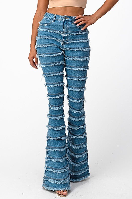 High Rise Shredded Flare Jeans-MEDIUM BLUE - TRESLUSH