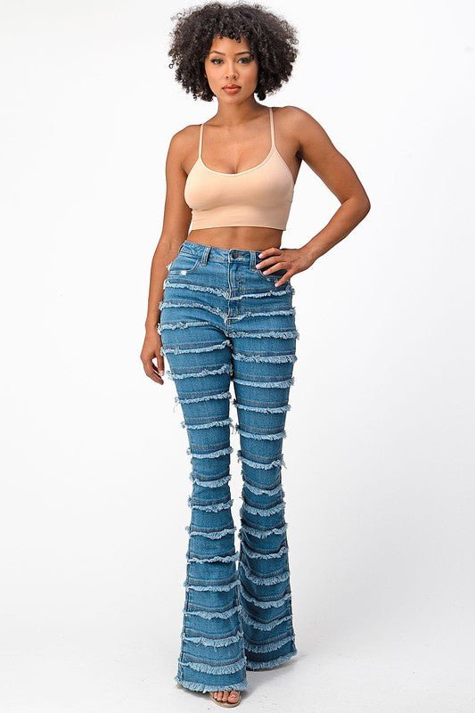 High Rise Shredded Flare Jeans-MEDIUM BLUE - TRESLUSH