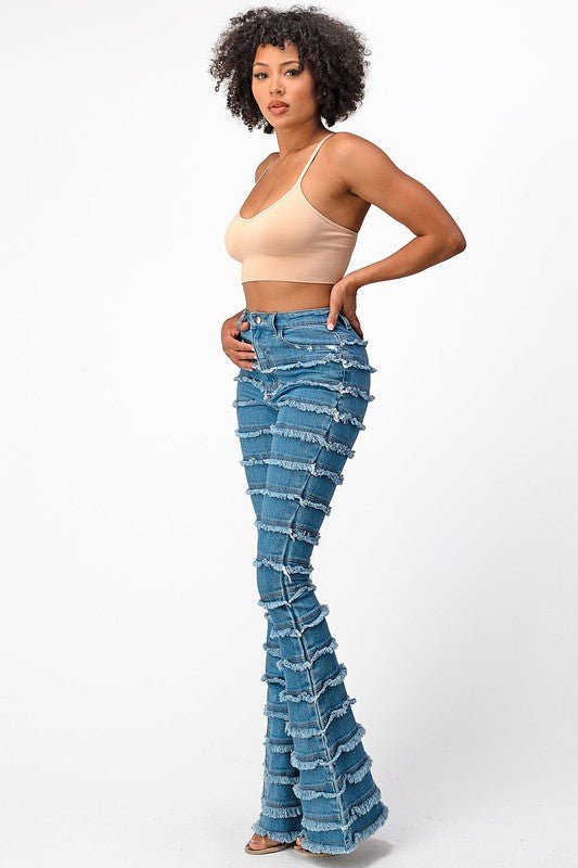 High Rise Shredded Flare Jeans-MEDIUM BLUE - TRESLUSH