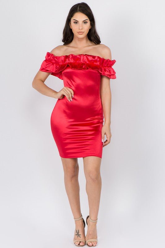 OFF SHOULDER SATIN DRESS - Red - TRESLUSH