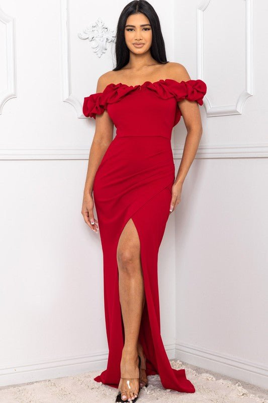 OFF THE SHOULDER RUFFLE SLEEVE MAXI DRESS - TRESLUSH