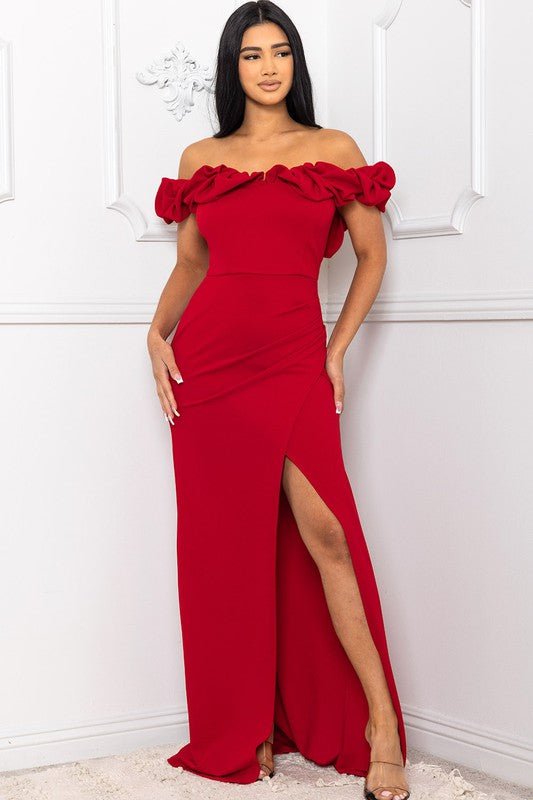 OFF THE SHOULDER RUFFLE SLEEVE MAXI DRESS - TRESLUSH