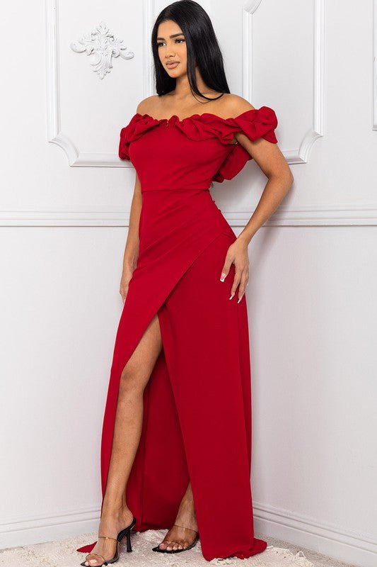 OFF THE SHOULDER RUFFLE SLEEVE MAXI DRESS - TRESLUSH