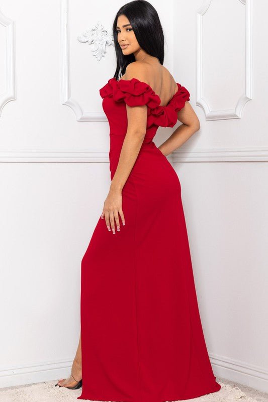 OFF THE SHOULDER RUFFLE SLEEVE MAXI DRESS - TRESLUSH