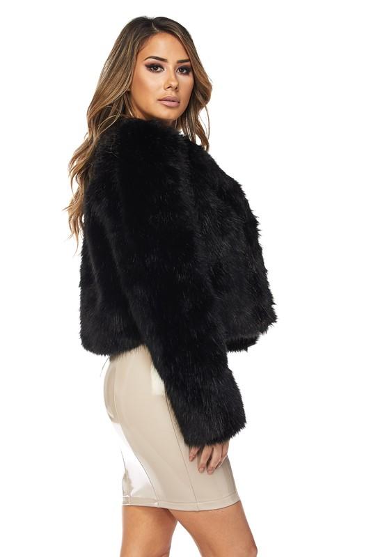 Open Front Faux Fur Jacket - Black - TRESLUSH