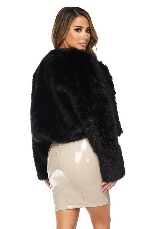 Open Front Faux Fur Jacket - Black - TRESLUSH