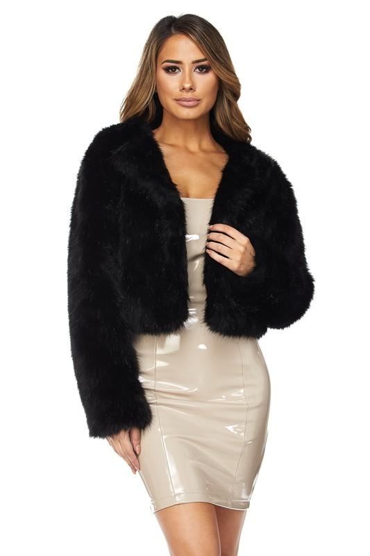 Open Front Faux Fur Jacket - Black - TRESLUSH