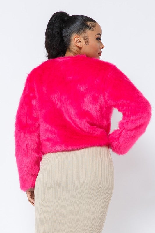 Open Front Faux Fur Jacket - Pink - TRESLUSH