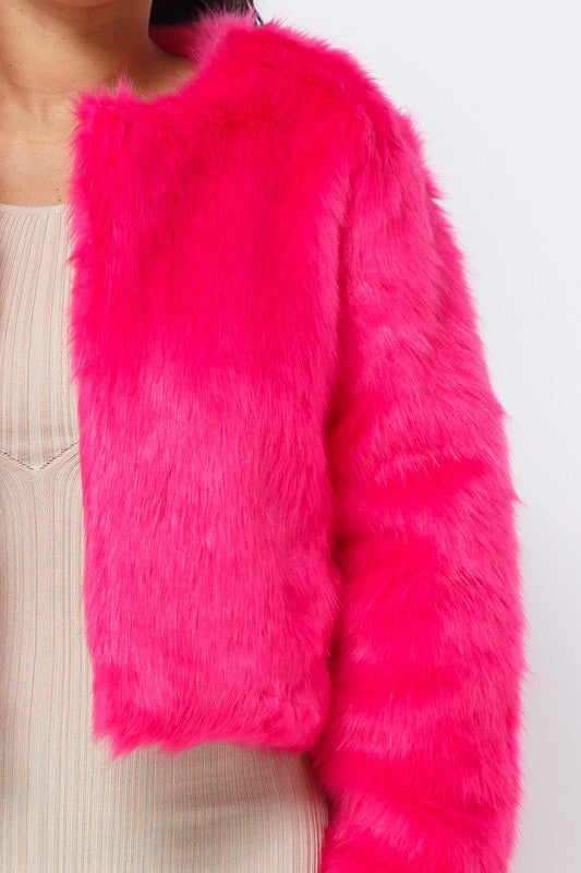 Open Front Faux Fur Jacket - Pink - TRESLUSH