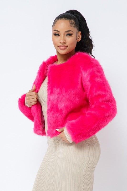 Open Front Faux Fur Jacket - Pink - TRESLUSH