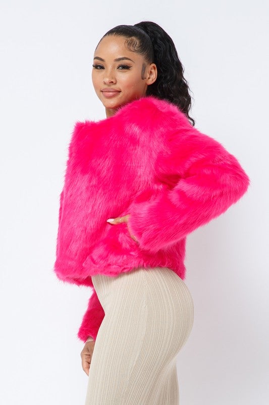 Open Front Faux Fur Jacket - Pink - TRESLUSH