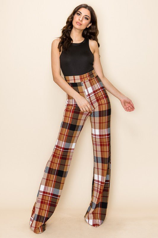 PLAID HIGH WAISTED PANT- Brown Combo - TRESLUSH