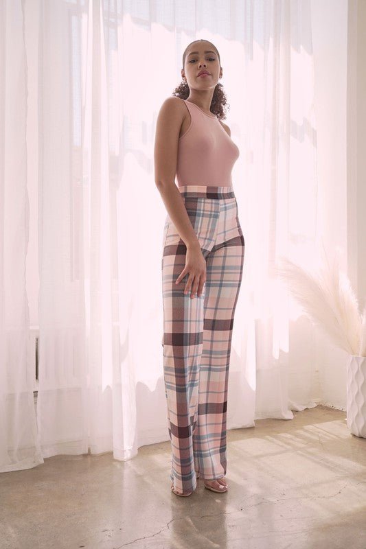 PLAID HIGH WAISTED PANT- Brown Combo - TRESLUSH