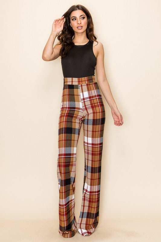 PLAID HIGH WAISTED PANT- Brown Combo - TRESLUSH