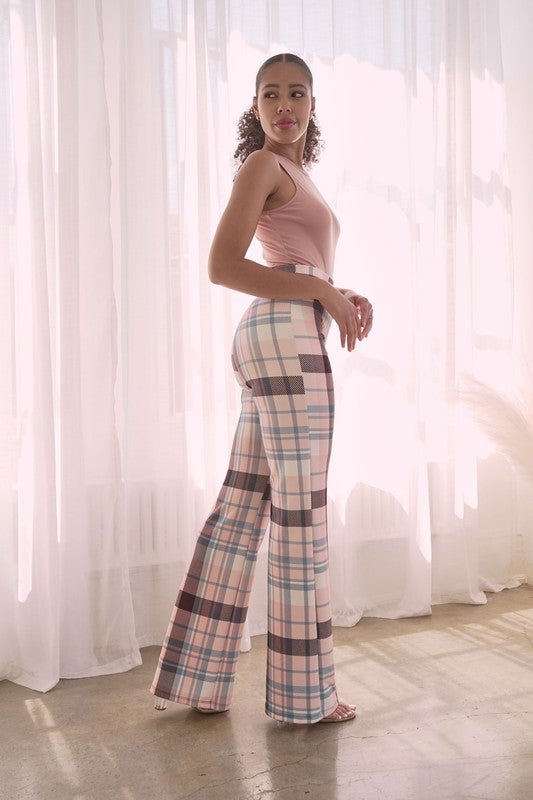 PLAID HIGH WAISTED PANT- Brown Combo - TRESLUSH