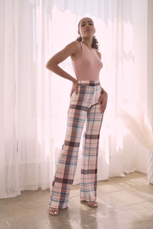 PLAID HIGH WAISTED PANT- Brown Combo - TRESLUSH