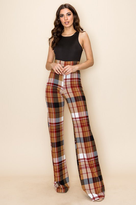 PLAID HIGH WAISTED PANT- Brown Combo - TRESLUSH