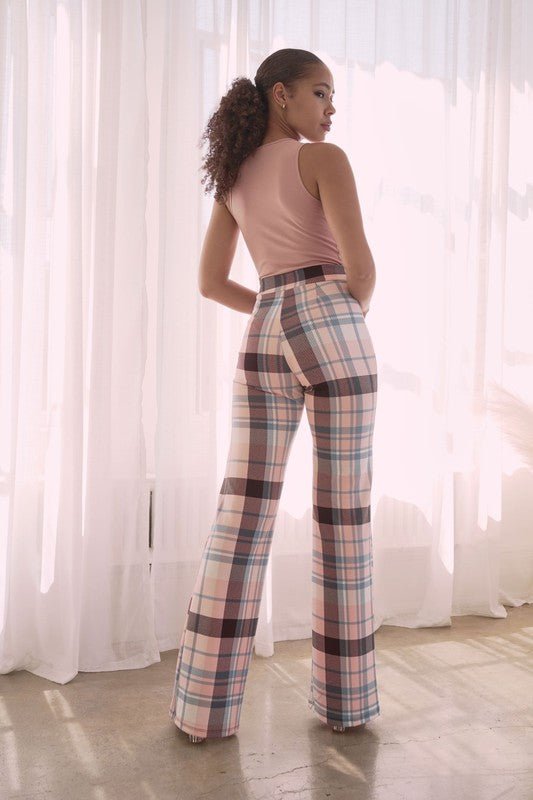 PLAID HIGH WAISTED PANT- Brown Combo - TRESLUSH