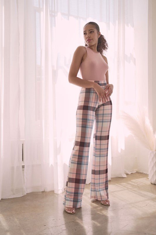 PLAID HIGH WAISTED PANT- Mauve Combo - TRESLUSH