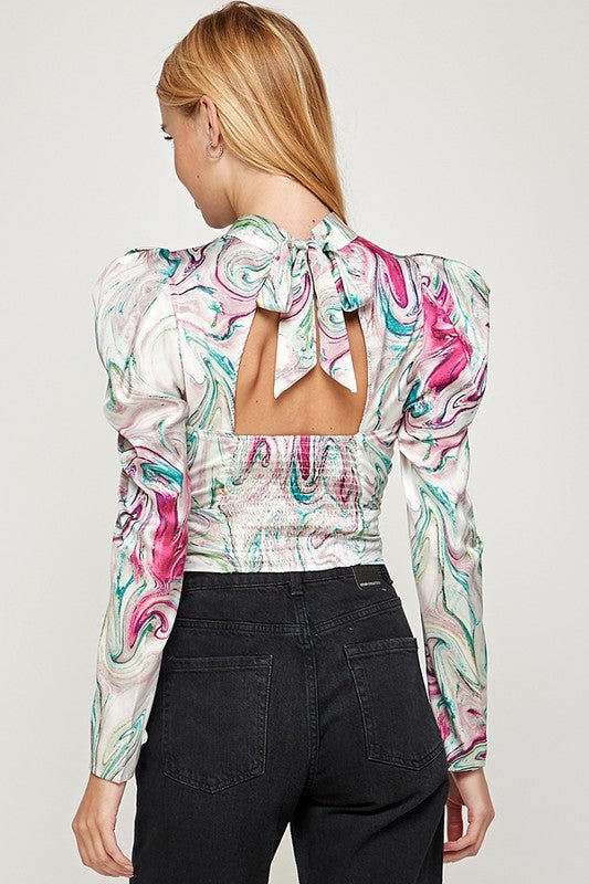 Printed Back Neck Tie Top - TRESLUSH