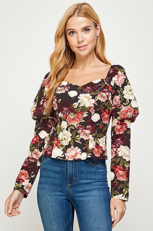 Printed Volume Sleeve Top- Black - TRESLUSH