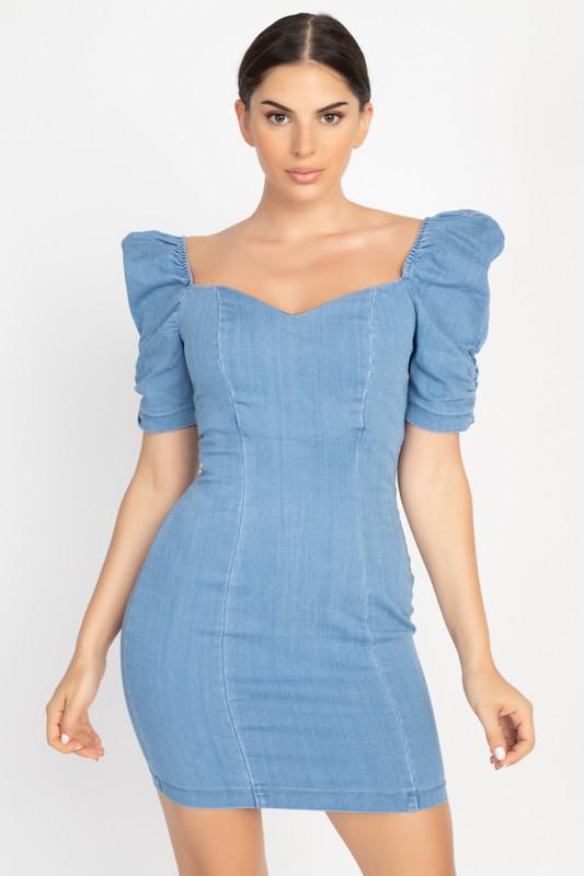 Puff Sleeve Denim Dress - TRESLUSH