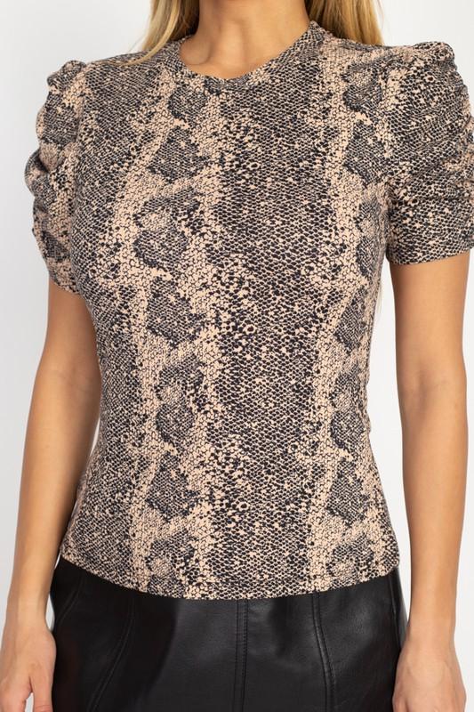 Snakeskin Ruched Sleeves Top - TRESLUSH