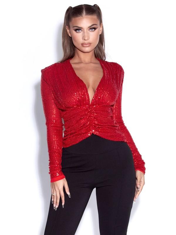 Tate Red Sequined Deep V Top - TRESLUSH