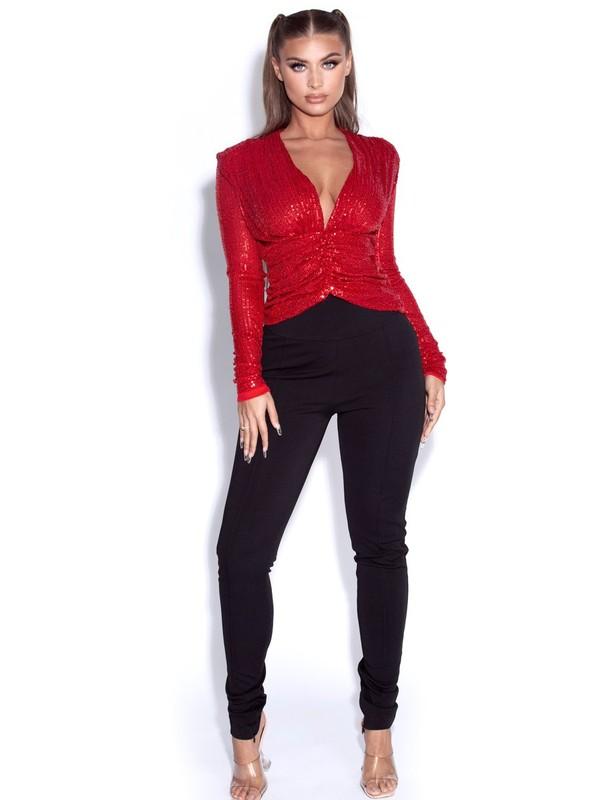 Tate Red Sequined Deep V Top - TRESLUSH